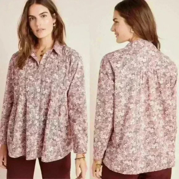 Anthropologie Pilcro And The Letterpress | Sasha Smocked Button Down Pink Blouse - Picture 2 of 13